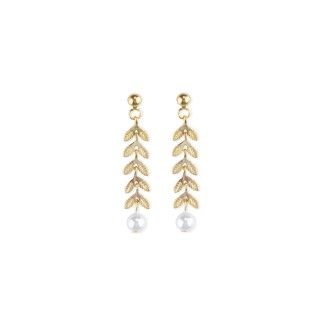 Golden silver earrings with leafs and a pearl 5600499165164