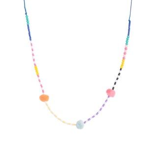 Cord necklace with colored beads and pompoms