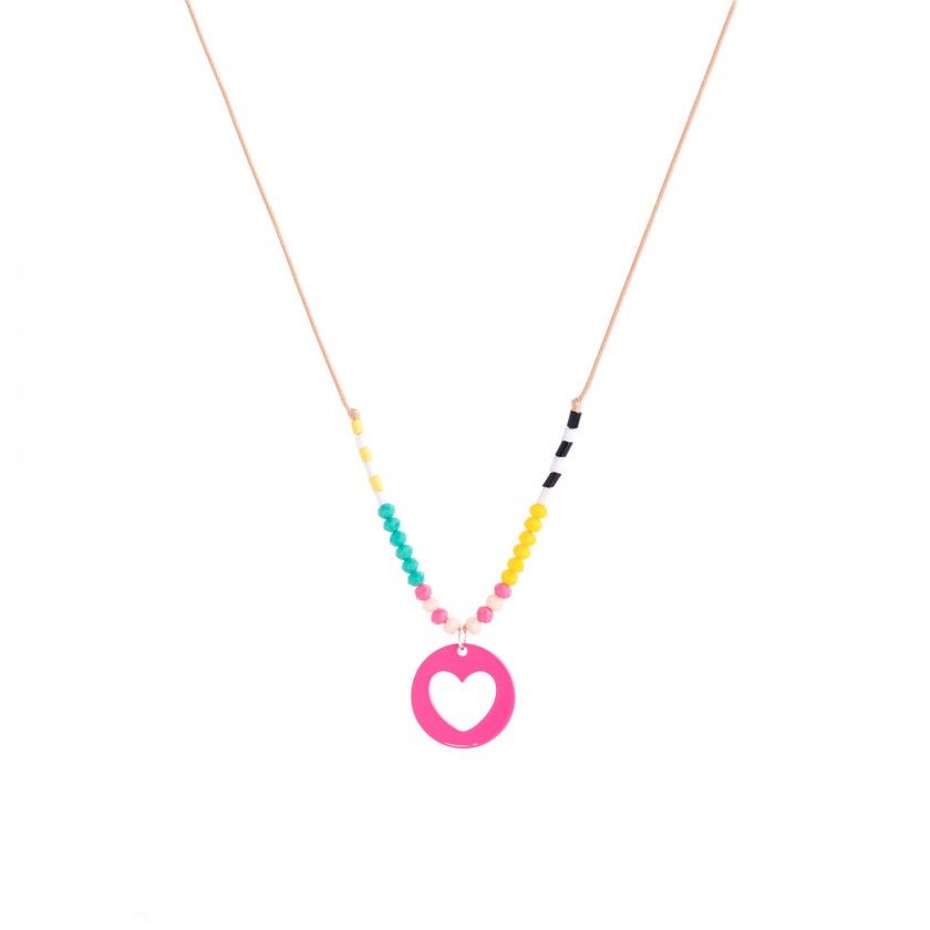 Cord necklace with heart pendant and colorful beads