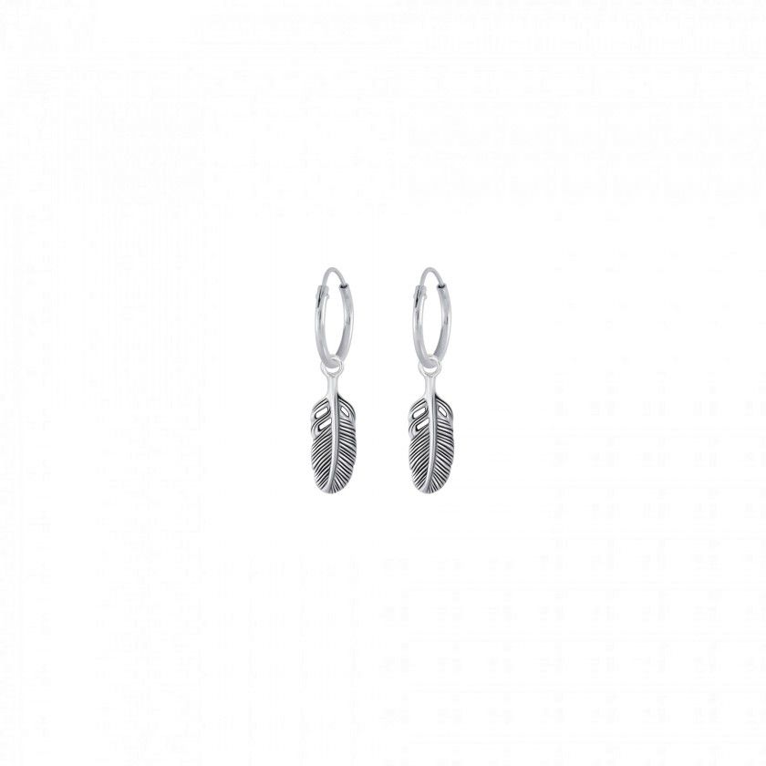 Silver pendant feather hoop earrings