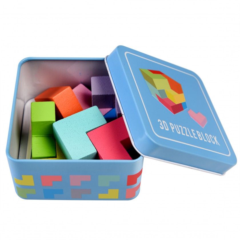 Wooden 3D puzzle in a tin