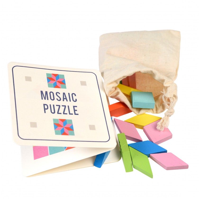 Wooden mosaic puzzle in a tin