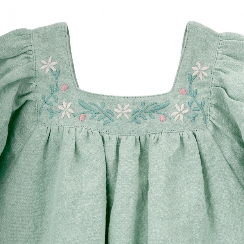 Emerald Dress for girls with pattern and embroidery