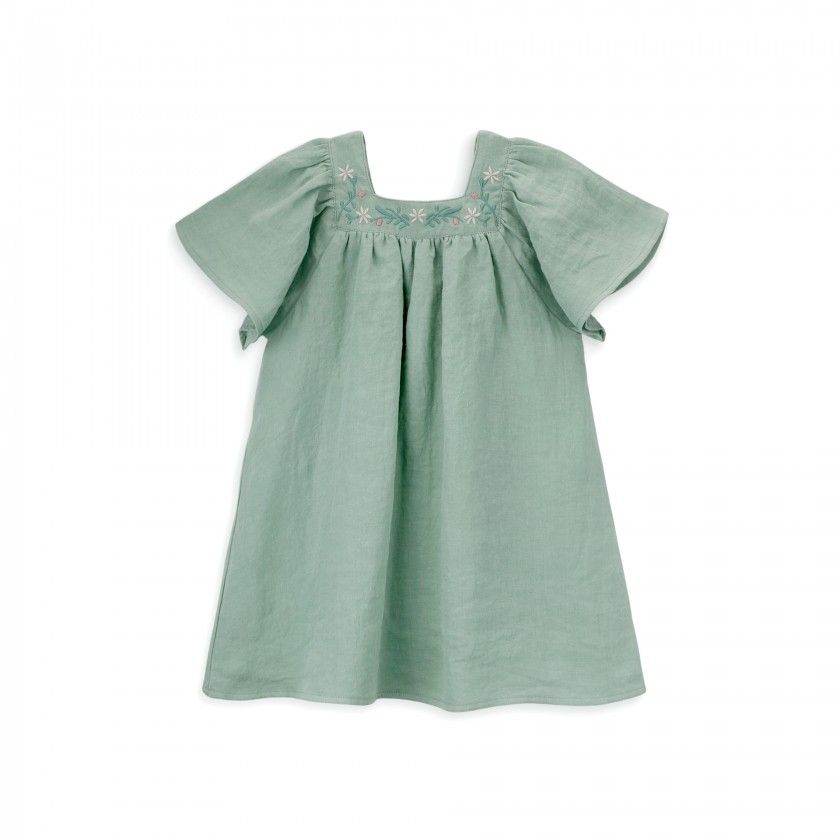 Emerald Dress for girls with pattern and embroidery